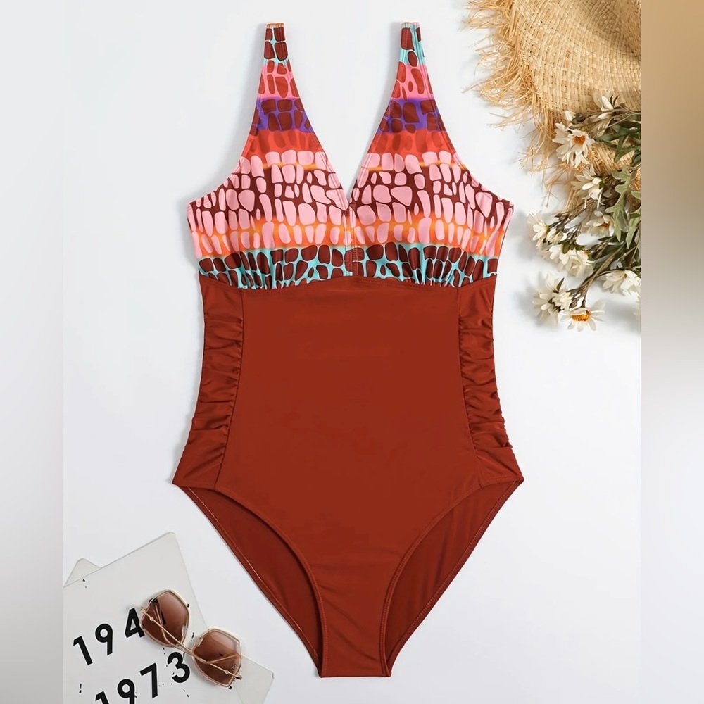 Plus V Neck Ruched Side Colorblock Animal Print One Piece Swimsuit 2XL (16)